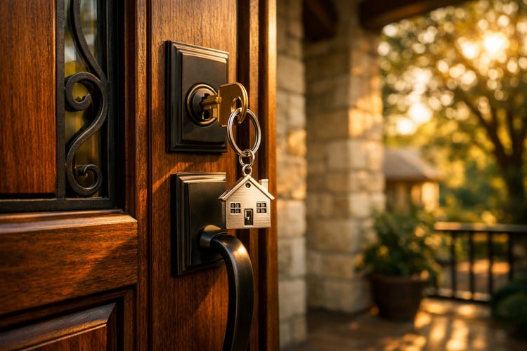 cinematic house key inserted into an upscale modern Texas style door The door with its rich warm tones looks to be stylistically similar to one youd f-1