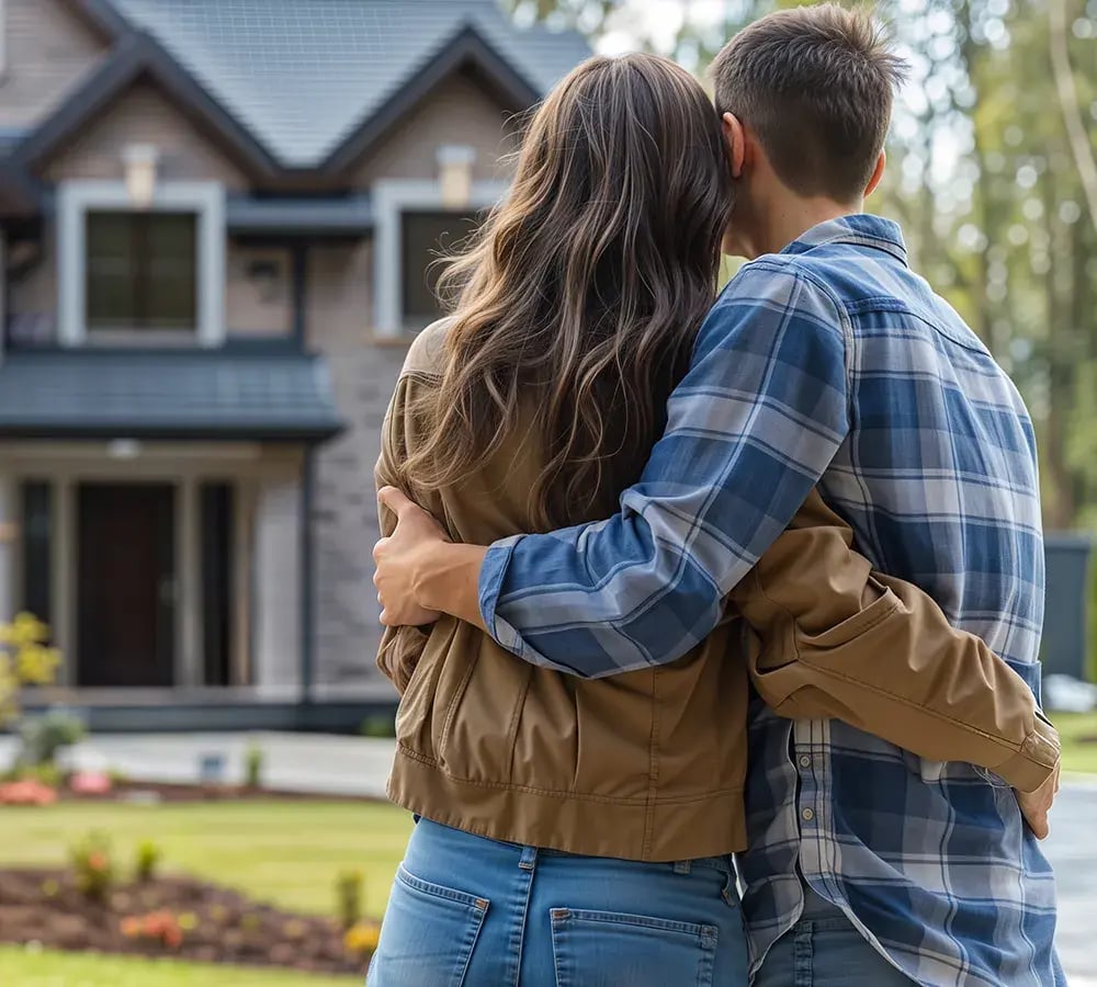 A couple stands together, arms around each other, looking at a new home in the distance.
