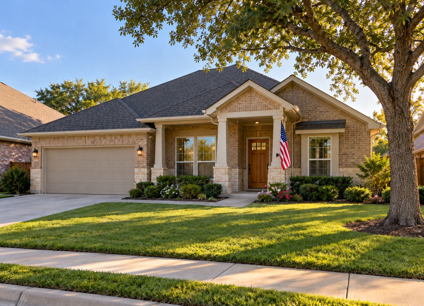 Home with American flag by the porch